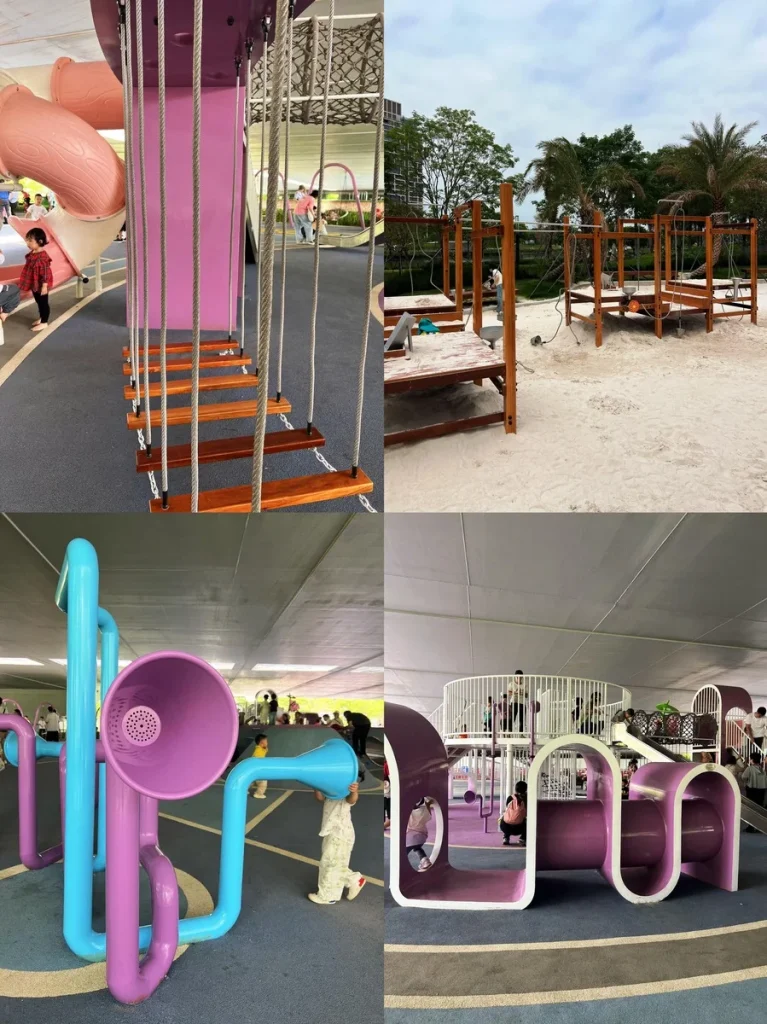 Colorful children's playground equipment at Qianhai Stone Park, including rope bridges, musical pipes, and purple tunnels, wi