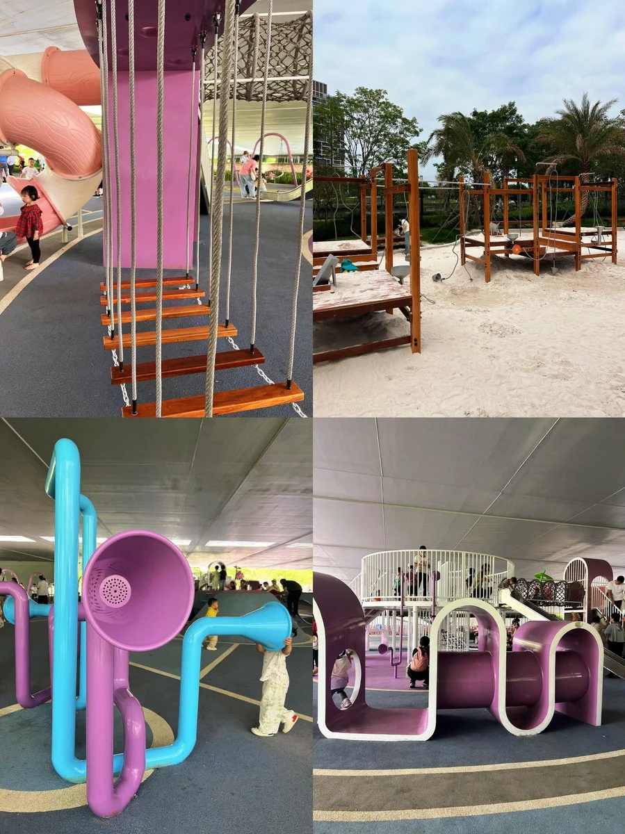 Colorful children's playground equipment at Qianhai Stone Park, including rope bridges, musical pipes, and purple tunnels, wi